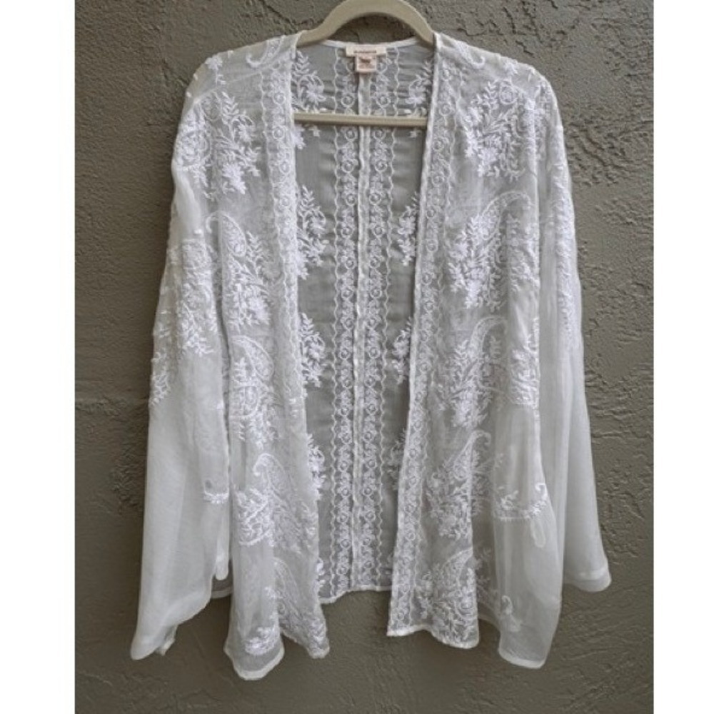 Sundance White Kimono Cardigan Embroidered Lace Boho Sheer Floral Cottagecore